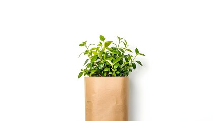 Eco-Friendly Plant Growing in Brown Paper Bag with White Background