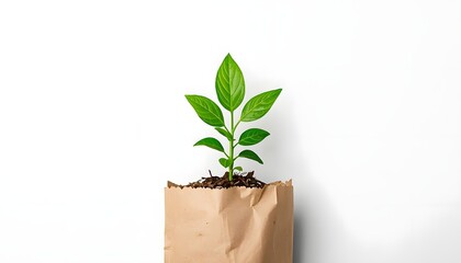 Eco-Friendly Plant Growing in Brown Paper Bag with White Background
