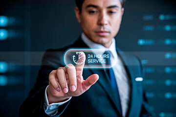 A businessman interacting with a 24 hour service interface