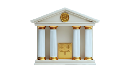 Stylized Courthouse with Pillars and Scales of Justice Symbol