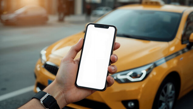 Person holding smartphone with white screen and taxi background