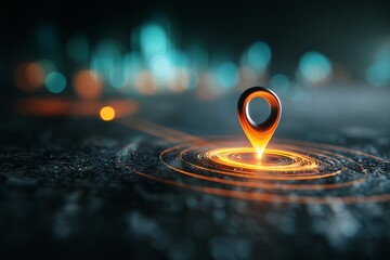 Neon orange 3D GPS map marker radiating lines on dark digital ground with city bokeh background, concept for location search, data management and futuristic technology applications