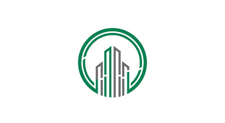 Obraz premium Abstract Skyscraper Inside A Green Circle: Modern Design And Business Concept Illustration
