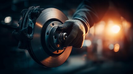 Automotive mechanic's gloved hand repairing a brake rotor assembly in a dark garage environment, concept for automotive maintenance, industrial safety and repair service promotion