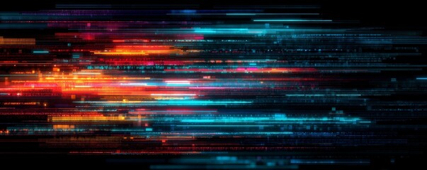 Abstract motion blur background of neon glowing horizontal light streaks representing data transfer, concept for digital display, technology innovation and fast communication