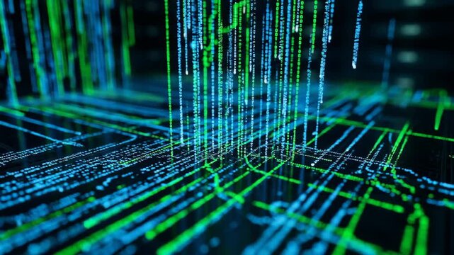 Abstract digital stream of data, with falling code in blue and green tones.