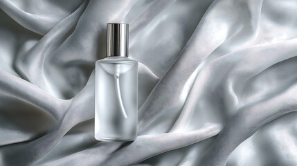 Cloud Dancer themed A clear perfume bottle a silver cap sits on a luxurious silver fabric background Colour of the Year 2026