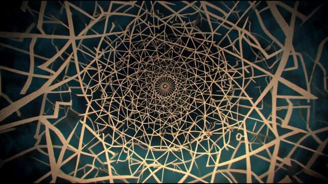 Intricate islamic background animation design with geometric patterns and shapes in shades of gold on a dark teal background, suitable for various creative projects with a sense of luxury