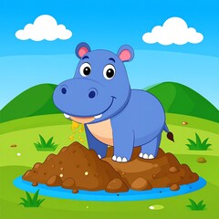 Cartoon hippo stands on dirt island, eating. Blue sky, hills and white clouds are in background