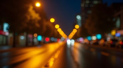 City Street at Night with Glowing Streetlights and Bokeh Effects
