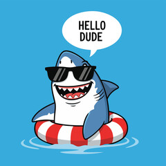 Cool cartoon shark wearing sunglasses and a life preserver, saying hello in the ocean.