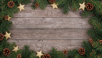 Festive decor with evergreen branches golden stars pine cones