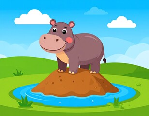 Cartoon hippo stands on a hill surrounded by a small pool, under a sunny sky with fluffy clouds