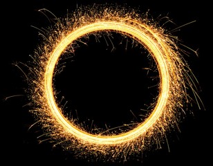Golden light trails form a glowing circular shape against a stark black background, resembling a sparkling firework