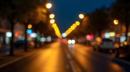City Street at Night with Glowing Streetlights and Bokeh Effects