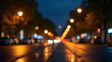 City Street at Night with Glowing Streetlights and Bokeh Effects