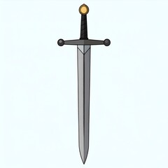 Cartoon illustration grey, straight sword with black hilt and gold pommel against a light blue background