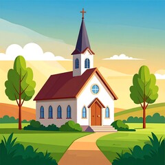 Cartoon illustration of a church building nestled in a landscape with a winding path and trees under a sunny sky