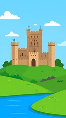 Cartoon illustration of a grand castle atop a green hill with a meandering blue river under a sunny sky