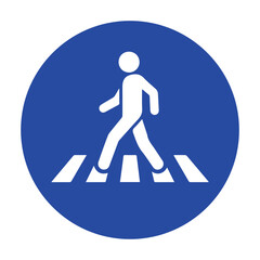 Professional Blue Circular Pedestrian Crossing Sign with Person Walking Icon - High Contrast Round Traffic Safety and Road Mandate Graphic