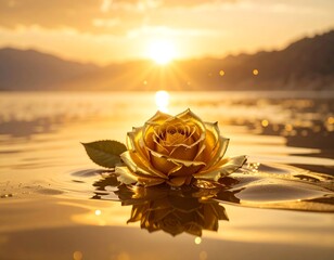 Golden rose floats serenely on shimmering water at sunset. Sunbeams cascade over the scene, mountains in the distance