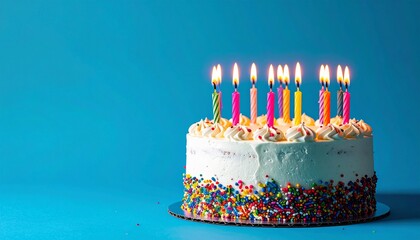 Festive White Birthday Cake with Rainbow Sprinkles and Lit Candles