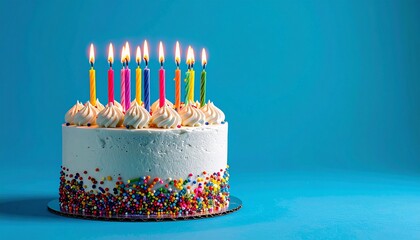 Festive White Birthday Cake with Colorful Sprinkles and Candles