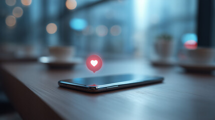 Smartphone Screen Displaying Heart Notification Icon on Café Table Concept for Online Dating Apps and Modern Long Distance Relationship Communication Technology