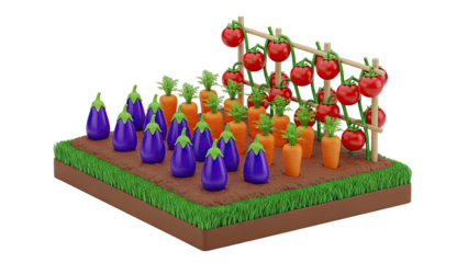 Stylized Garden With Eggplants, Carrots, and Tomatoes