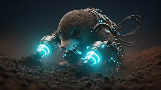Futuristic Mole with Glowing Drills Digging Through Soil in a Dark Environment.