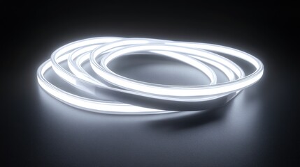 Brightly lit flexible neon strips coiled against a dark gradient background, glowing