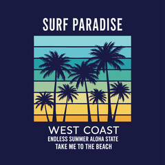 Tropical Surf Paradise with Palm Trees and Sunset Colors - West Coast Vibes.