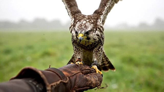 Falconry training action open field ai generated visuals natural environment ground level view generative ai concept