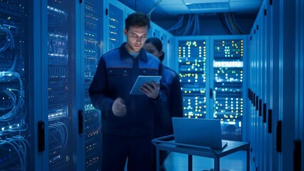 Data Center Technicians Monitoring Servers with Laptop and Tablet.