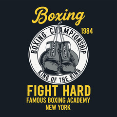 Obraz premium Vintage Boxing Championship Retro Emblem with Gloves, Fight Hard Slogan.