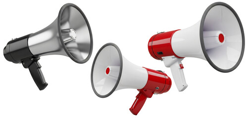 Three megaphones in black, white, and red for communication