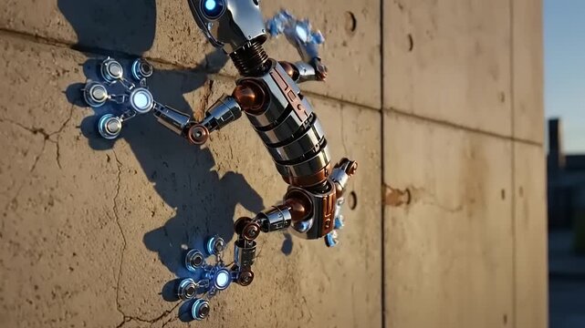 Futuristic Robot Climbing Wall in Urban Setting Advanced Technology.