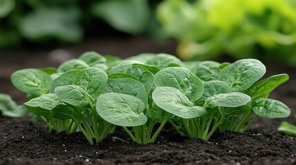 Close-up of fresh spinach plants growing in a garden bed with blurred background