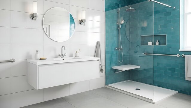 Modern Accessible Bathroom with Walk-in Shower and Floating Vanity.