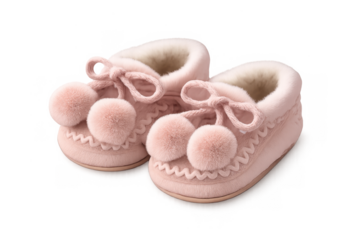 Pink baby booties for infants, featuring soft wool lining and cute pom-poms, providing comfort and warmth with a transparent background