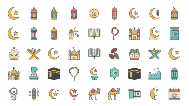 Colorful flat vector icons depicting Islamic culture, holidays, and religious traditions