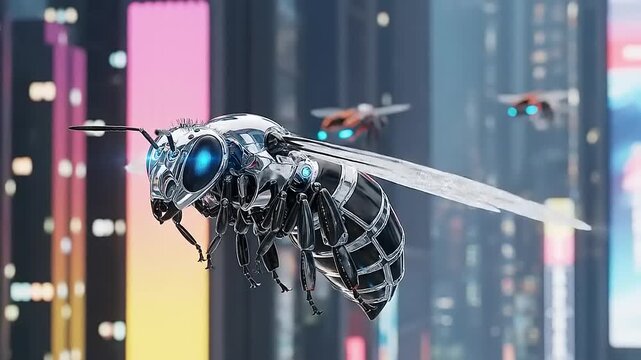 Futuristic Robotic Bee Drone Flying Through a Cyberpunk Cityscape.