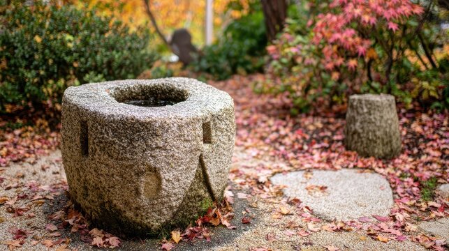 A weathered stone basin sits amidst fallen autumn leaves in a tranquil garden setting. - Powered by Adobe