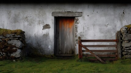 An aged wooden door, weathered stone walls, and a rustic gate, create a serene and quiet rural scene.