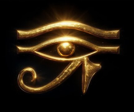 Golden Eye of Horus symbol glowing on a dark background, ancient and mystical. Ideal for concepts of protection, power, spirituality, history, mythology, esoteric design, luxury visual branding