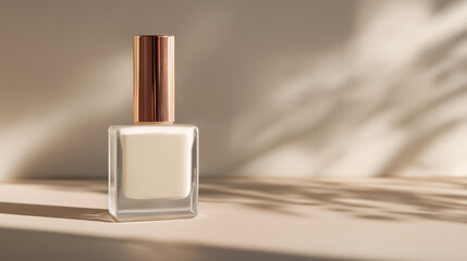 Cloud Dancer themed A clear glass perfume bottle a rose gold cap sits on a beige surface in soft natural light. Colour of the Year 2026