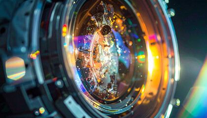 Intricate Lens: A captivating close-up of a complex camera lens, revealing the mesmerizing details of precision engineering and reflecting a spectrum of colors. 