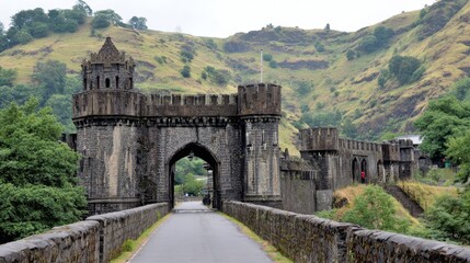Fototapeta premium A formidable stone archway bridge, flanked by imposing stonework fortifications, leads through a verdant valley.