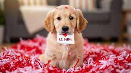 Adorable Golden Retriever puppy holds a 'BE MINE' sign surrounded by red and pink Valentine's confetti.