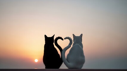 Two cats with tails forming a heart silhouette against a beautiful sunset sky.